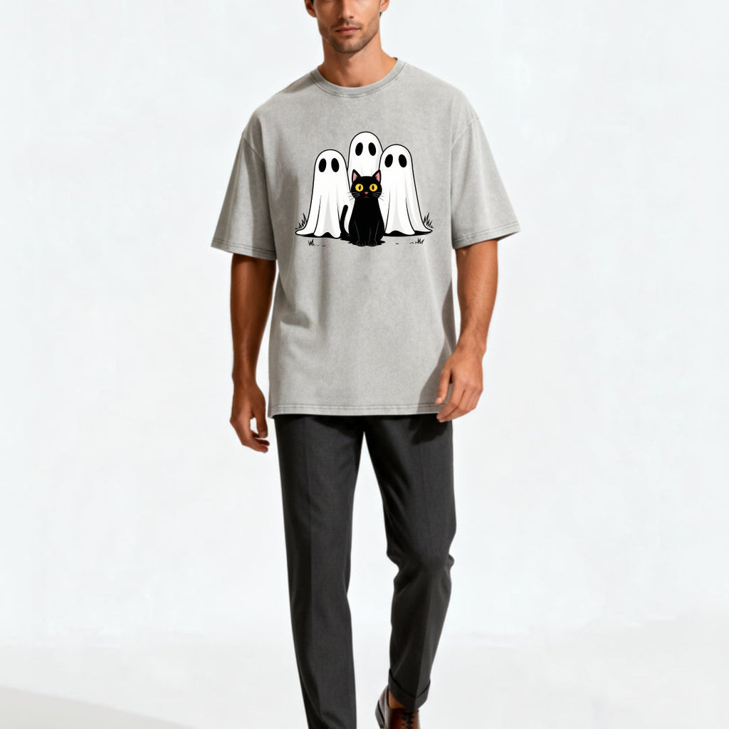 Funny Ghosts & Black Cat Print Vintage Washed T-shirt