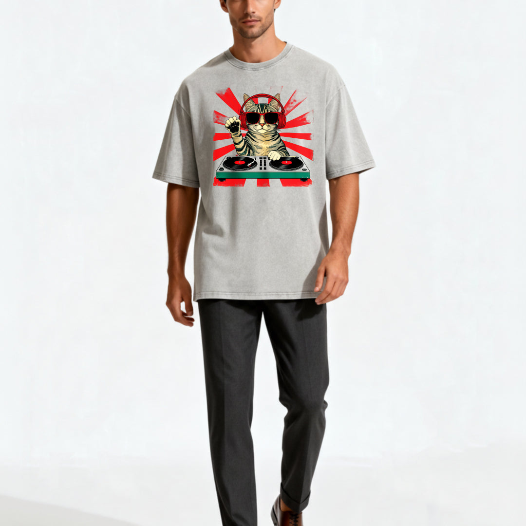 Funny DJ Cat Graphic Washed T-Shirt