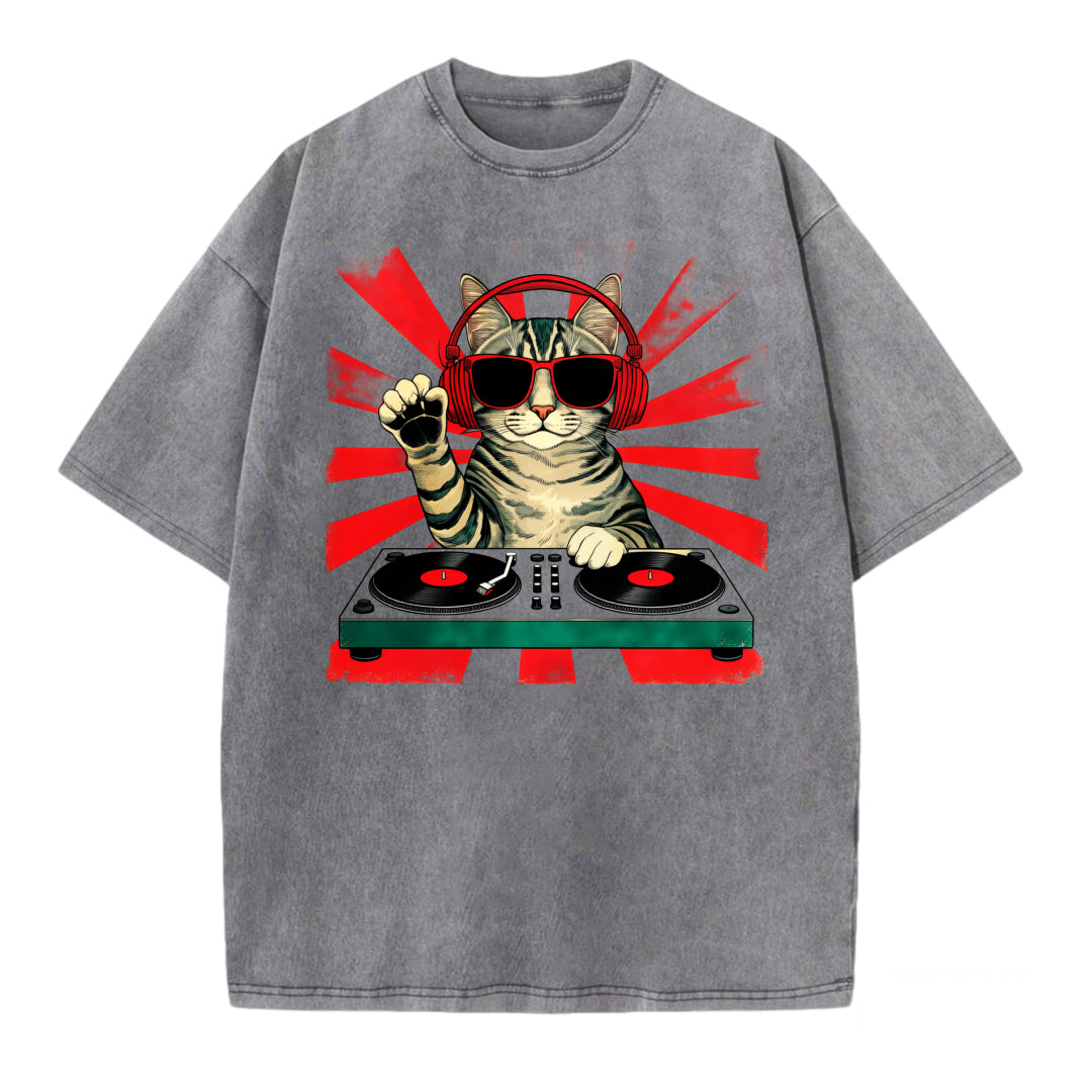Funny DJ Cat Graphic Washed T-Shirt