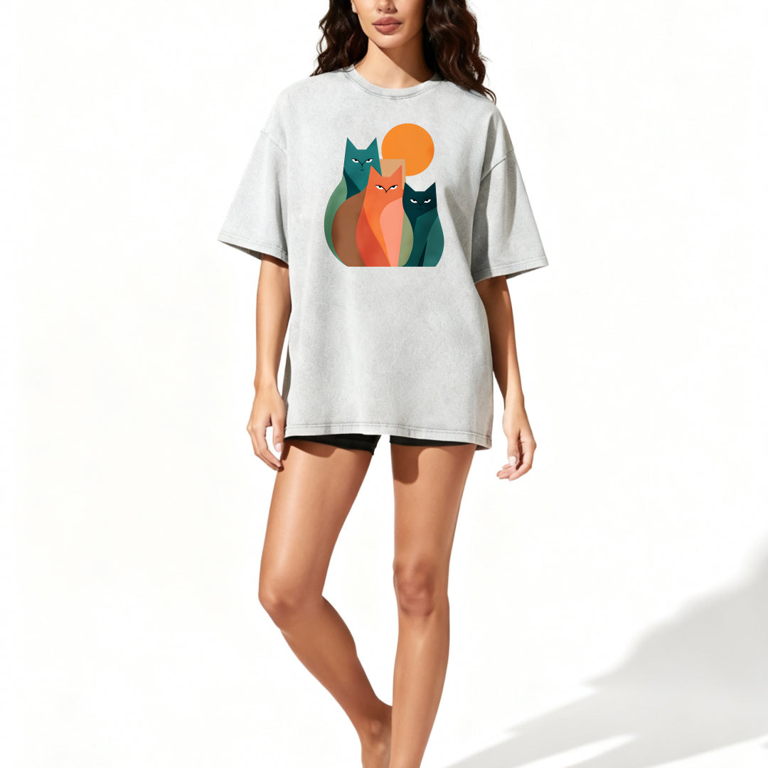 Vintage Abstract Cat Art Print Washed T-Shirt